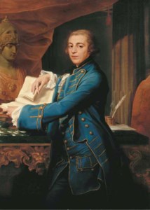 Pompeo Girolamo Batoni, Portrait of John Crewe, later 1st Baron Crewe (1742-1829), three-quarter-length, in a gold-embroidered blue coat and waistcoat, holding a book, by a marble-topped table with a bust of Minerva, in an interior