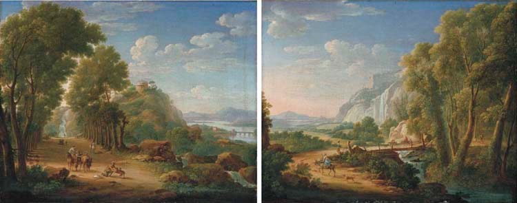 An extensive Italianate river landscape with huntsmen and elegant figures on an a wooded path; and An extensive Italiannate river landscape with travellers crossing a bridge, a waterfall beyond