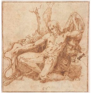 Hercules kneeling before a snake
