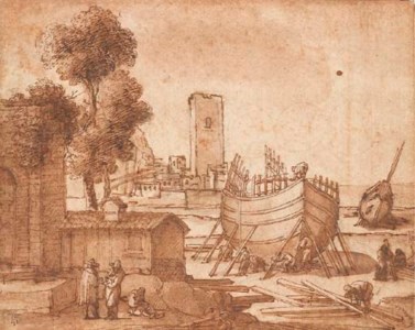 A building dock by a port, figures in the foreground