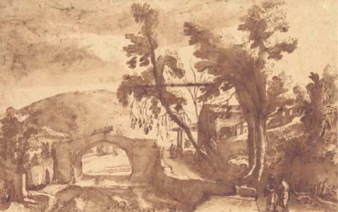 A mountainous landscape with a bridge over a river, figures on a road by a farmstead to the right