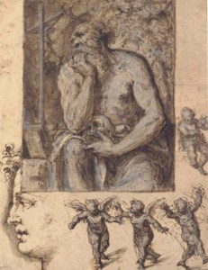 A hermit contemplating a crucifix, with studies of putti and a head in profile