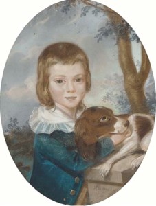Portrait of a boy, small half-length, in a blue coat with white collar, standing by a pillar, his spaniel at his side