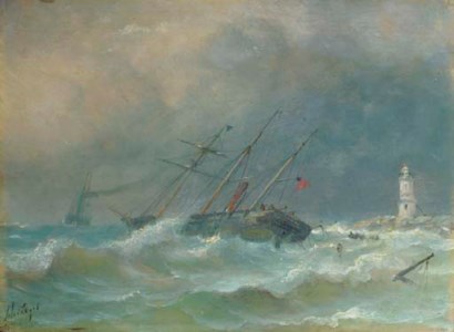 A three-master in distress near a coast