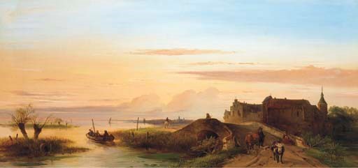 Figures by a bridge in an extensive river landscape at dusk