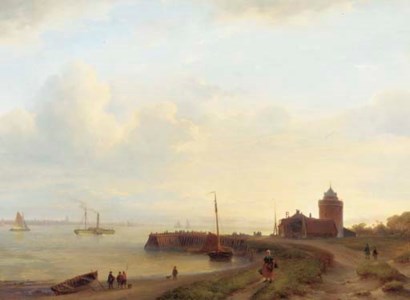 A panoramic river landscape with figures on an embankment and a town in the distance