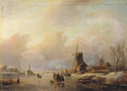 Skaters by a koek en zopie on a frozen waterway