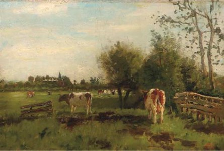 Cows in a meadow in spring, a church beyond