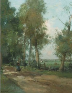 A peasant woman on a wooded path by a meadow