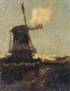 A figure passing a windmill