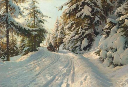 Winter landscape with a timber sled