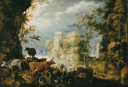 A wooded landscape with cows, birds and other animals by a lake, with a village beyond