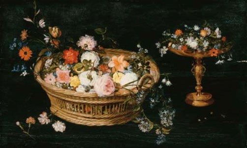Roses, peonies, tulips, narcissi, carnations, poppies and other flowers in a basket and a gilt tazza, on a table