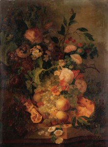 Grapes, pomegranates, peaches, cherries, and a melon, with carnations, and other flowers on a stone ledge in a landscape