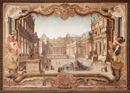 A stage set: figures in the courtyard of a fantastical Roman palace, with a fountain of Neptune at the center, and the figures of Mercury and Jupiter within a baroque framework
