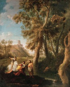 Classical figures conversing on the banks of a river