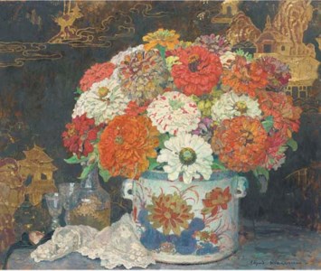 Chrysanthemums in a Chinese Imari jardinière with a decanter and glasses on a table before a black lacquer screen