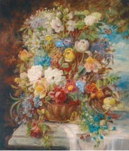 Summer flowers on a ledge, a landscape beyond