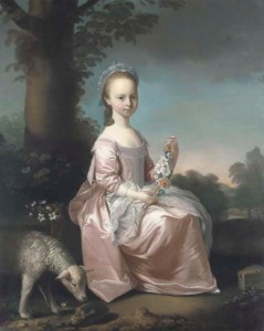 Portrait of Margaret Smith, of Cotescue, full-length, seated, in a pink dress with white lace apron, holding a garland of flowers, in a landscape with a sheep