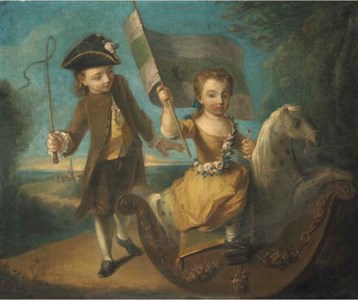 Double portrait of a girl and a boy, he full-length, in a green suit and yellow waistcoat wearing a tricorn, holding a whip in his right hand, she full-length, seated on a rocking horse, in a yellow dress wearing a garland of flowers, holding a flag in her right hand
