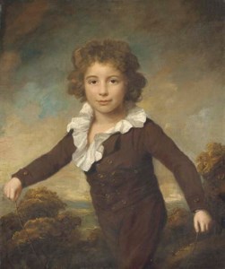 Portrait of a young boy, three-quarter length, in a brown coat and breeches, holding a skipping rope, in a wooded landscape