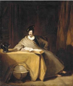 An elegant figure seated at a table reading a book, with symbols of the active and contemplative lives