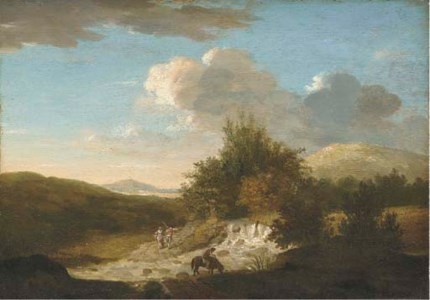 A wooded river landscape with figures by a ford