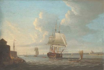 View of Portsmouth Harbour with a man-o'-war and other vessels