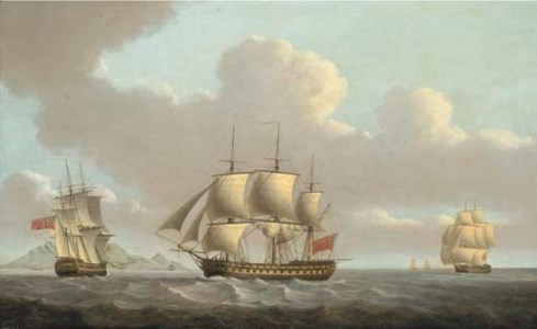 A 74 gun third rate in two positions off Table Bay, Cape of Good Hope, with Table Mountain in the distance