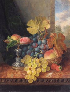 Still life with plums in a silver tazza, a peach, black and white grapes in a basket, and strawberries on a marble ledge