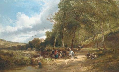 A gypsy encampment in a wooded landscape