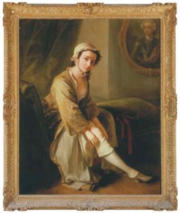 A young woman, in a fawn dress, seated on a chaise longue in an interior, removing her right stocking, an oval portrait of a gentleman, traditionally identified as the 'Young Pretender', on the wall beyond