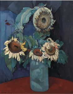 A still life with sunflowers in a blue vase