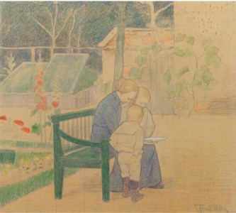 Plaatjes kijken; Johanne Hart Nibbrig-Moltzer and her sons Pieter Jacobus (1896) and Christiaan (1899) in the garden of their house 'Olmenhove' in Laren.