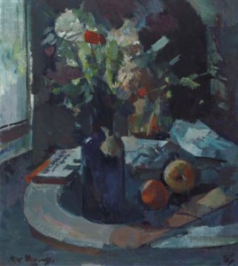 A still life with flowers in a blue glass vase