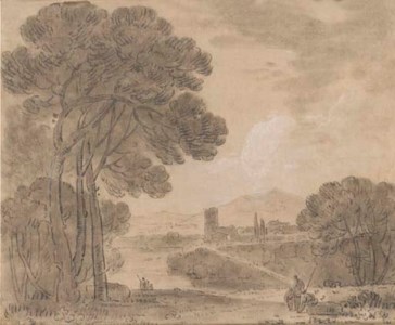 An Italian landscape with figures on a path and a town beyond