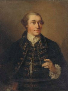 A portrait of Henry Hanson, half-length, in a black jacket with cuffs and gold stitching
