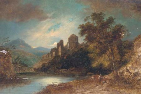 Travellers on a track, a ruined castle beyond
