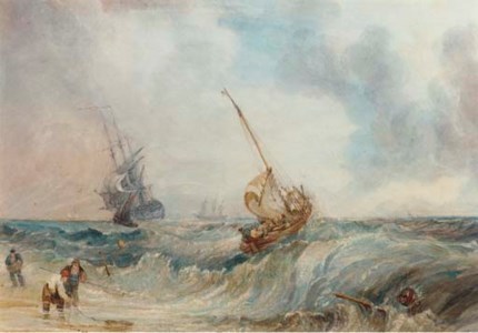 A fishing boat heading out to sea in a heavy swell