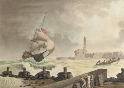 A French brig riding the swell at the entrance to the port of Cette, observed from La Pointe Richelieu