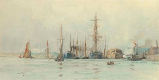 Hulks and other shipping moored at a wharf