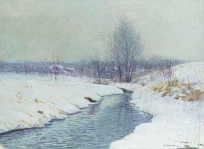 Brook and Village in Snow