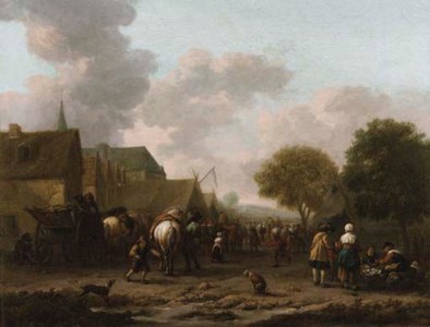 A village landscape with travellers on the street by a vegetable seller