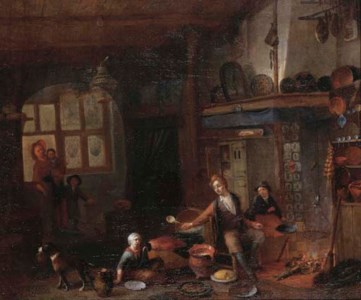 A domestic interior with a family seated by the hearth