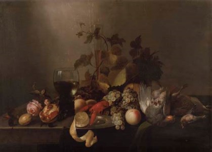 A rose, a pomegranate, a glass flute, grapes, a partly peeled lemon on a silver plate, a roemer , a lobster, peaches, a pheasant and other birds on a partly-draped table