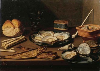 Pewter plates with opened oysters, two mackerel, a bun, oyster shells, a bag of tobacco, matches, a white clay pipe, a berkemeier of white wine, a red earthenware brazier with embers and a pewter oval tobacco tin on a wooden table