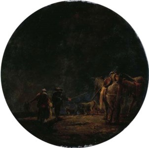 A moonlit landscape with travellers leading their pack mules, a resting goat herd beyond