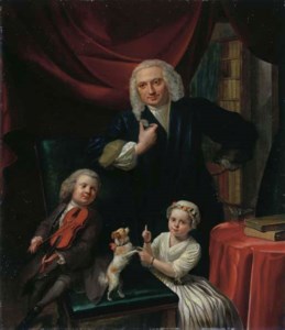 Portrait of a family, small, full-length, said to be Yoan van Wageningen (b. 1704) and children, Yan (b. 1733) and Cornelia (b. 1734), in an interior