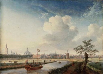 A cappricio view of The Hague, with figures walking along a river and a barge