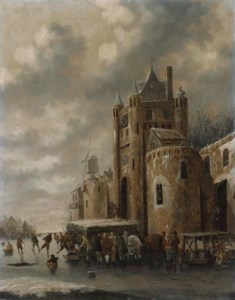 A winter landscape with townsfolk skating and sledging on a frozen river before a castle